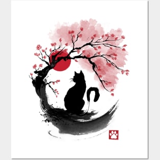 Sakura cat sumi e Posters and Art